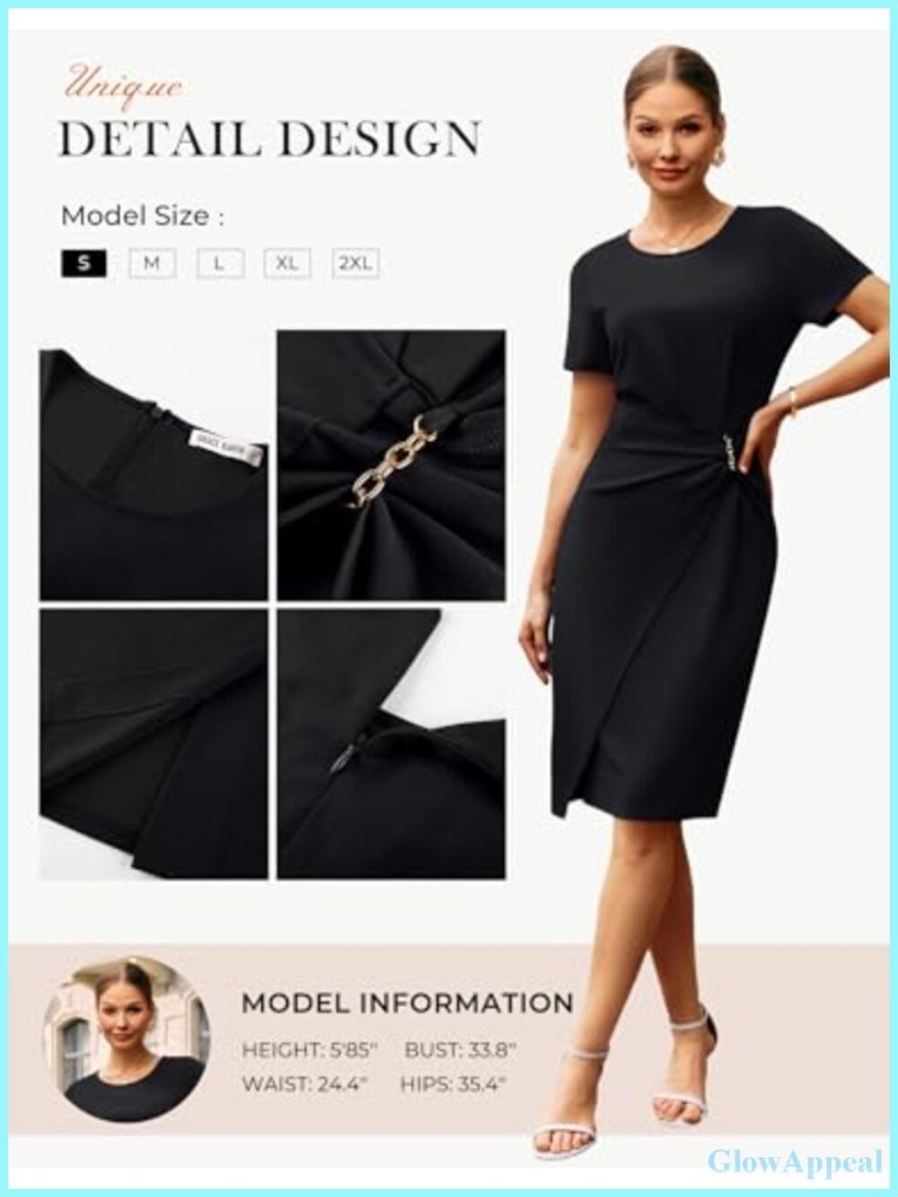 Sheath Bodycon Midi Dress for Women Short Sleeve Formal Office Work Dress with - Picture 4 of 6